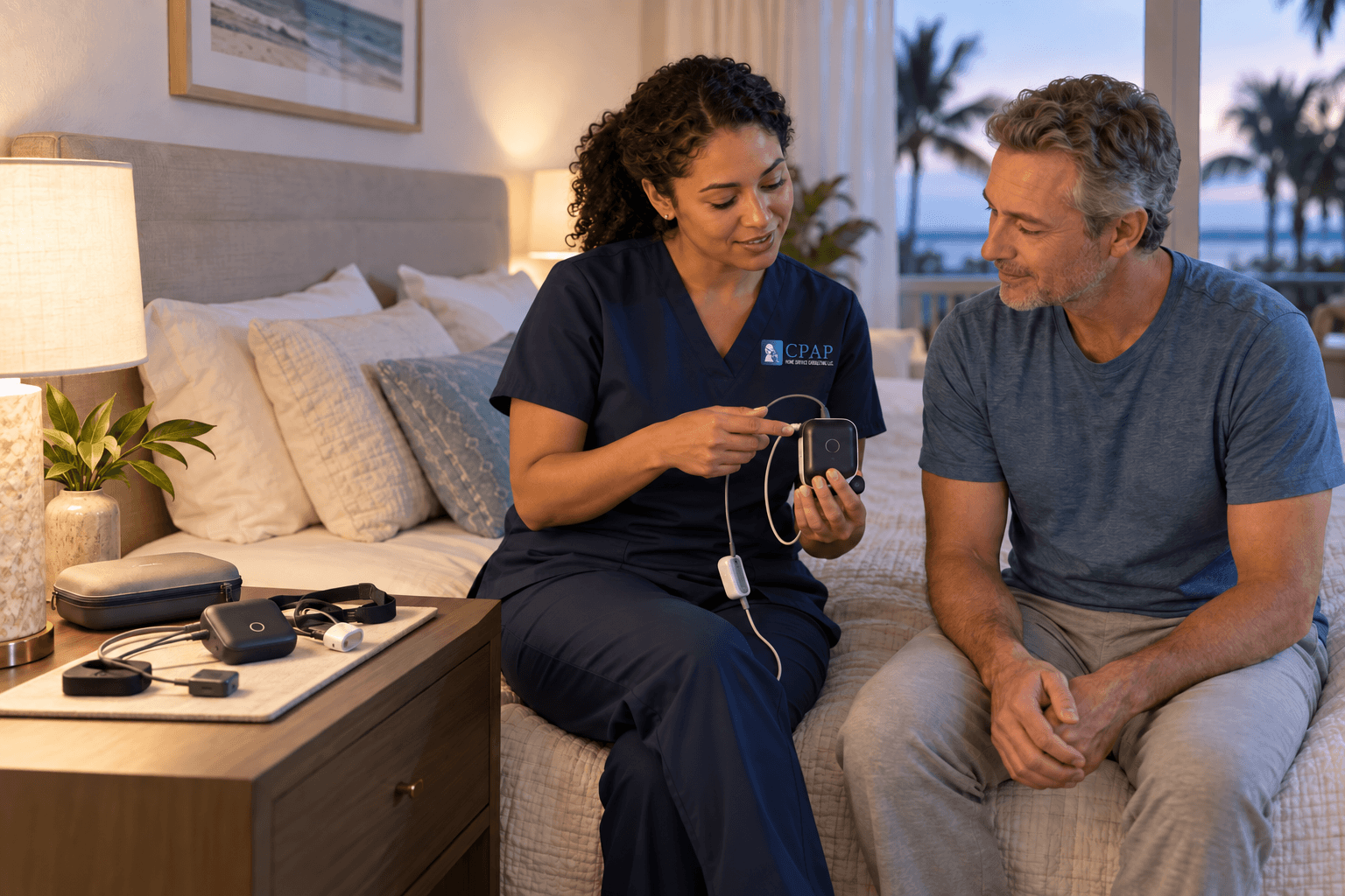 RPSGT teaching a patient how to use a home sleep testing kit