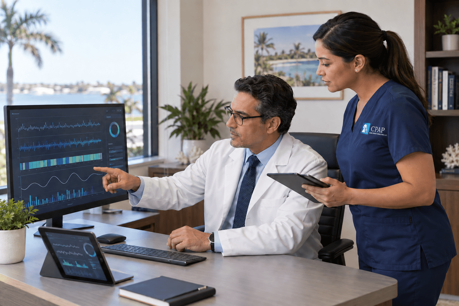 Physician and RPSGT securely reviewing a home sleep testing report